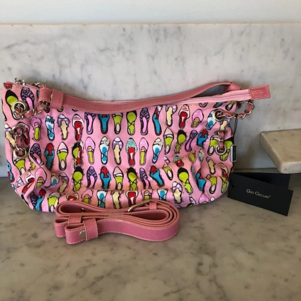 GIO CELLINI Bead Sequin Pink Canvas Shoe Print Hobo Shoulder Bag/Purse